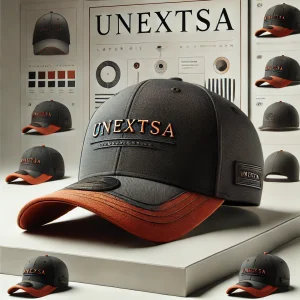 DALL·E 2024-11-15 17.19.17 - A luxurious and professional baseball cap design for the brand Unextsa, featuring a stylish color combination such as a charcoal black crown with a bu